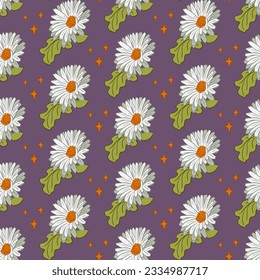 White gerberas seamless pattern on purple background. Vector isolated flowers with stars in flat outline style. Can be used as contemporary textile, wallpaper, wrapping paper, home decor