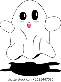 Fantasma blanco con ojos grandes, boca abierta, mejillas rosadas y sombra negra adecuados para decoraciones de Halloween, tarjetas de temporada, ilustraciones de libros para niños.