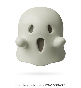 White ghost cartoon 3d icon with a scary face emotion. Traditional Halloween night character. Three dimensional glossy plastic cute floating spirit. Vector illustration on white background.