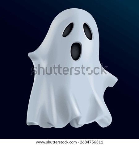 White ghost character in a sheet with black eyes on a dark background