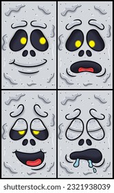 White Ghost Face Expression Character Cartoon. Hopeful, Disbelieving, High And  Sleepy Expression. Wallpaper, Cover, Label and Packaging Design Set. Vector Illustration