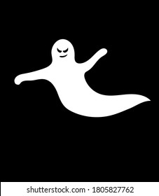 White ghost for halloween holiday design isolated on black background. Flying character with evil eyes