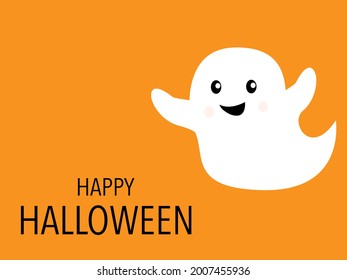 White ghost with happy halloween sign on orange background