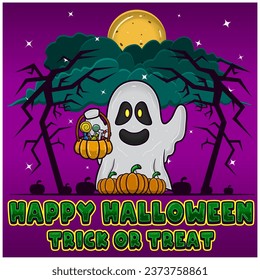 White Ghost Holding Candy. Happy Halloween. Trick or Treat. Greeting Card, Invitation and Poster. Vectors and Illustrations.