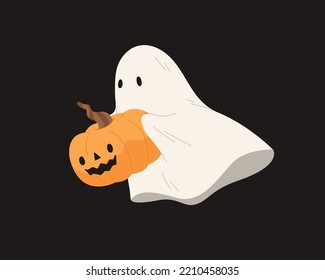 White ghost holding Jack-o'-lantern pumpkin isolated on black background. Spooky cartoon elements for Halloween decoration. October month. Flat vector illustration character.