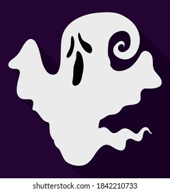 White ghost with howling gesture in flat style, and long shadow, isolated over dark background.