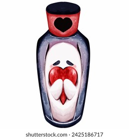 A white ghost hugs a red heart warmly while sleeping in a glass bottle