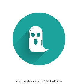 White Ghost icon isolated with long shadow. Happy Halloween party. Green circle button. Vector Illustration