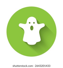 White Ghost icon isolated with long shadow background. Happy Halloween party. Green circle button. Vector