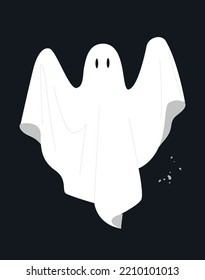 White ghost icon. Terrible character tries to scare, raises his hands up. Halloween and scary autumn holiday. Fantasy and imagination, mysticism. Poster or banner. Cartoon flat vector illustration