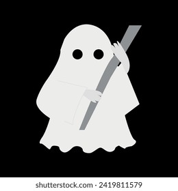White ghost icon. Terrible character tries to scare, raises his hands up. Halloween and scary autumn holiday. Fantasy and imagination, mysticism. Poster or banner. Cartoon flat vector illustration