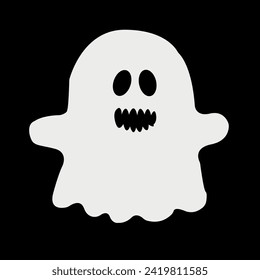 White ghost icon. Terrible character tries to scare, raises his hands up. Halloween and scary autumn holiday. Fantasy and imagination, mysticism. Poster or banner. Cartoon flat vector illustration