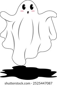 White ghost with large eyes and black shadow suitable for Halloween designs, spooky decorations, childrens books, and themed illustrations.