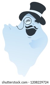White ghost with mustache in hat and pince-nez. Isolated vector cartoon halloween illustration