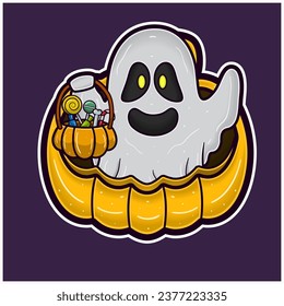 White Ghost On Big Pumpkin Cartoon. Halloween Sticker Logo. Vectors and Illustrations.