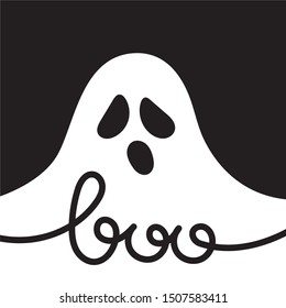 White ghost on black background. Text Boo. Halloween lettering. Vector