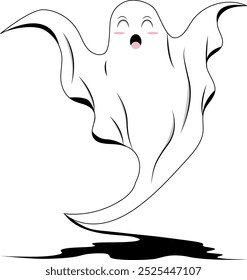 White ghost with open mouth and blushing cheeks. Spooky Halloween character, cute ghost design, fun holiday concept, festive decorations.