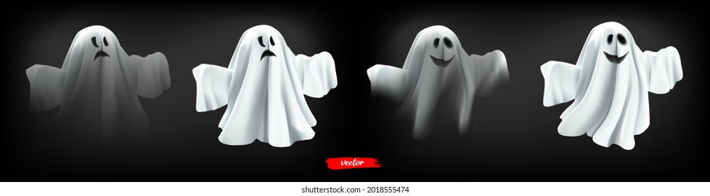 White ghost, phantom isolated on black background. Halloween spooky monster, scary spirit or poltergeist flying in night. 3d realistic vector illustration of ghosts on dark background.