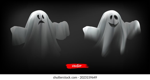 White ghost, phantom isolated on black background. 3d realistic vector illustration of ghosts on dark background.