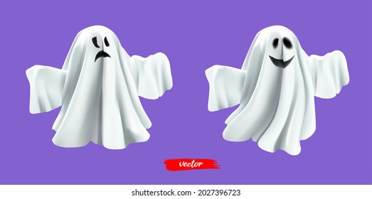 White ghost, phantom isolated on lilac background. Halloween spooky monster, scary spirit or poltergeist flying in night. 3d realistic vector illustration.