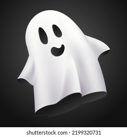 White ghost, phantom isolated on black background. Halloween cute spooky costume of monster, funny spirit or poltergeist flying in night. 3d realistic vector illustration.