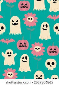 white ghost pink pumpkin skull bat flower seamless pattern teal background halloween vector design repeat festive textile