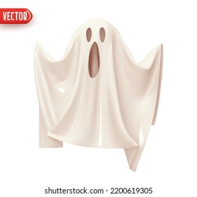 White Ghost scream and angry emotions on face decor element for Halloween holiday. Fabric ghost realistic 3d design. Cartoon horror character. Icon isolated on white background. vector illustration