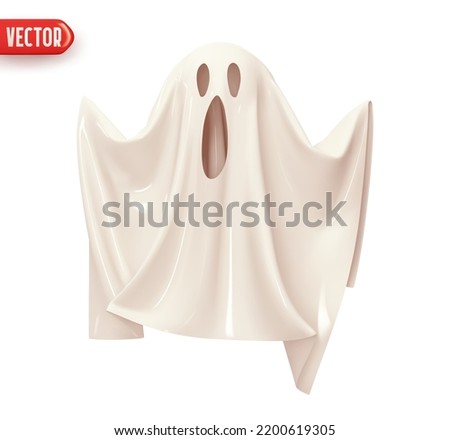 White Ghost scream and angry emotions on face decor element for Halloween holiday. Fabric ghost realistic 3d design. Cartoon horror character. Icon isolated on white background. vector illustration