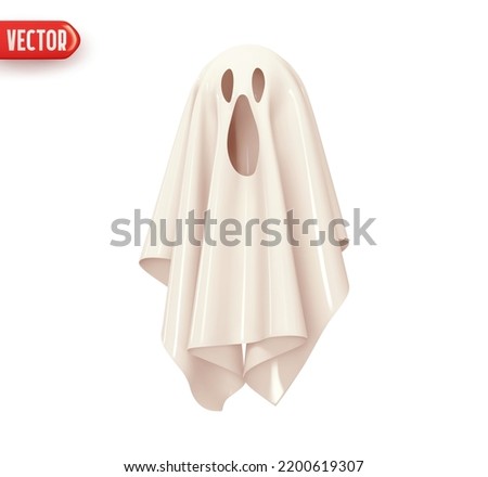 White Ghost scream and angry emotions on face decor element for Halloween holiday. Fabric ghost realistic 3d design. Cartoon horror character. Icon isolated on white background. vector illustration