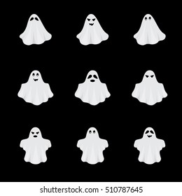 White ghost set vector illustration. Isolated on black background. Spooky holiday monster graphic design. Abstract 3d ghost