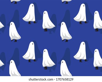 White Ghost Side Walking Halloween Character Set Vector Seamless Background Wallpaper-01
