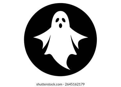 A white ghost silhouette floats in a black circular background The style is simple and graphic The image is a vector illustration