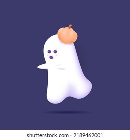 White Ghost Wearing A Pumpkin Hat. A Ghost Trying To Scare. Cute, Fanny, And Adorable Ghost Characters. Halloween Element Design, Posters, Banners, Events And Festivals. 3d Vector Illustration