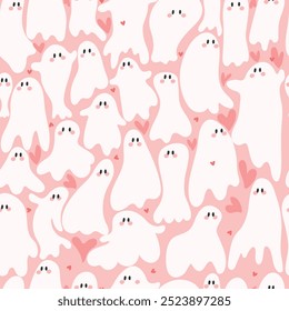 White  ghostes with hearts on pink background. Cute Halloween seamless pattern .