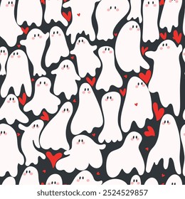 Fantasmas blancos y corazones rojos sobre fondo oscuro. Ilustración vectorial para Halloween.