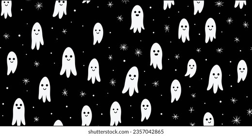 White Ghosts in a Black and White Pattern, in the Style of Emphasis on Character Design, Flickr, Digitally Enhanced, Pigeoncore, Bold Colors, Marks, Emphasis on Negative Space, Cute Cartoonish Designs