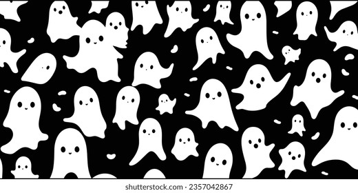 White Ghosts in a Black and White Pattern, in the Style of Emphasis on Character Design, Flickr, Digitally Enhanced, Pigeoncore, Bold Colors, Marks, Emphasis on Negative Space, Cute Cartoonish Designs