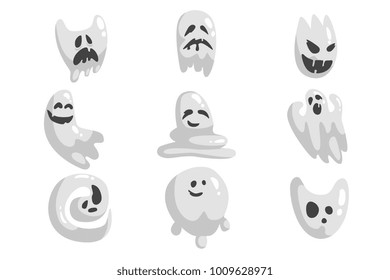 White Ghosts In Childish Cartoon Manner Set