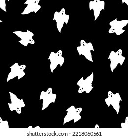 White ghosts on black background seamless pattern. Simple repeating pattern for Halloween. Vector art