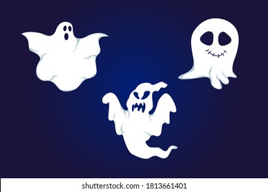 White ghosts on blue background. Halloween set
