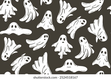 Fantasmas blancos sobre fondo oscuro sin patrón. Noche de Halloween de fondo con fantasmas. Impresión linda y aterradora de las pesadillas voladoras para la materia textil, el papel, el empaquetado, el diseño, los gráficos del Vector