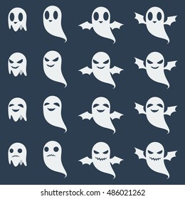 White ghosts on dark blue background. Halloween adorable set of different facial expressions and shapes vector illustration.