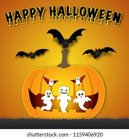 white ghosts out from evil pumpkin in the dark night background as happy festival day and party concept. vector illustration.