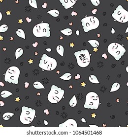 White ghosts and phantoms on black background doodle pattern. Funny ghost and shadow Halloween pattern