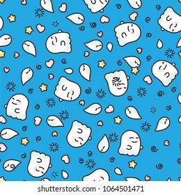 White ghosts and phantoms on blue background doodle pattern. Funny ghost and shadow Halloween pattern