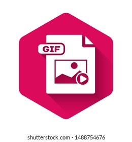 White GIF file document. Download gif button icon isolated with long shadow. GIF file symbol. Pink hexagon button. Vector Illustration
