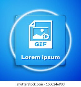 White GIF file document. Download gif button icon isolated on blue background. GIF file symbol. Blue square button. Vector Illustration
