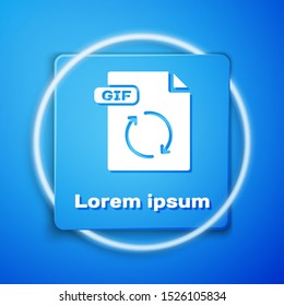 White GIF file document. Download gif button icon isolated on blue background. GIF file symbol. Blue square button. Vector Illustration