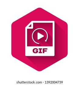 White GIF file document icon. Download gif button icon isolated with long shadow. GIF file symbol. Pink hexagon button. Vector Illustration