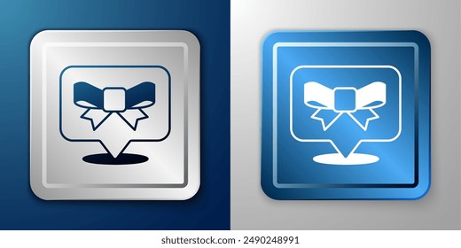 White Gift bow icon isolated on blue and grey background. Silver and blue square button. Vector
